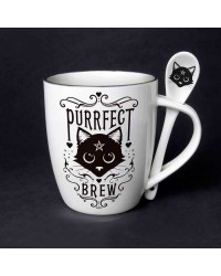 Purrfect Brew Black Cat Mug and Spoon Set