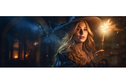 witch holding a glowing magic wand