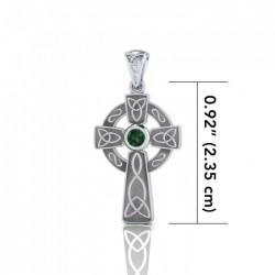 Celtic Knotwork Cross Silver Pendant with Emerald Gem