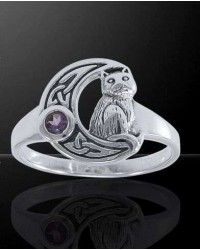 Celtic Cat and Moon Sterling Silver Ring