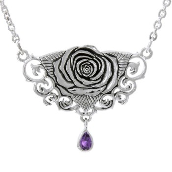 Sacred Rose Silver Necklace with Amethyst