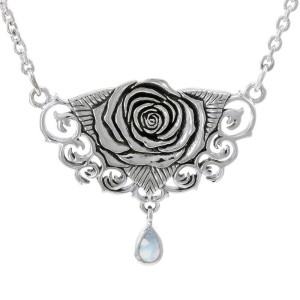 Sacred Rose Silver Necklace with Rainbow Moonstone