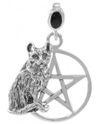 Cat Familiar Pentacle Pendant - Black Obsidian