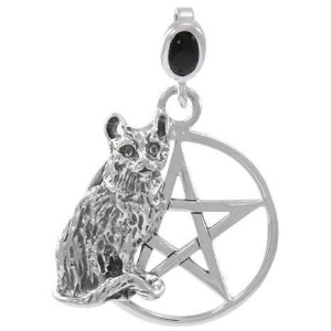 Cat Familiar Pentacle Pendant - Black Obsidian