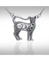 Celtic Cat Necklace with Emerald Gemstones