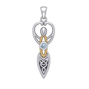 Celtic Goddess Pendant with Gold Accents and Aquamarine Birthstone