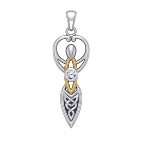 Celtic Goddess Pendant with Gold Accents and White Cubic Zirconia Birthstone