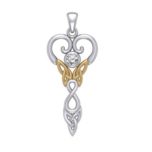 Celtic Infinity Goddess Pendant with Gold Accents and White Cubic Zirconia Birthstone