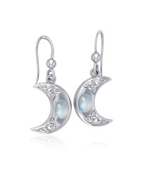 Celtic Knotwork Crescent Moon Hook Earrings with Rainbow Moonstone