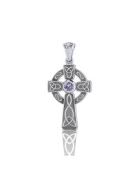 Celtic Knotwork Cross Silver Pendant with Amethyst Gem