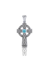 Celtic Knotwork Cross Silver Pendant with Turquoise Gem