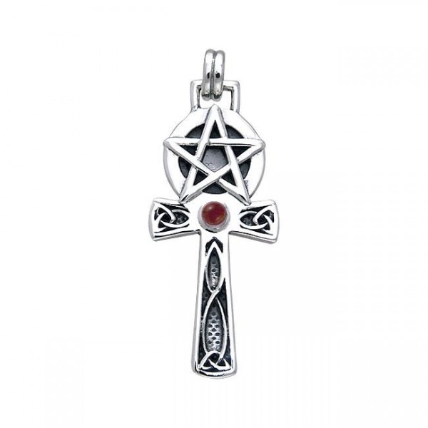 Celtic Knot Pentagram Ankh with Garnet Pendant