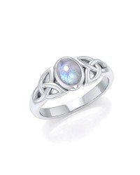 Celtic Triquetra Knot Ring with Rainbow Moonstone Gemstone