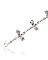 Dragonfly Link Silver Bracelet with Pink Shell