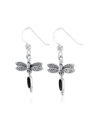 Dragonfly Silver and Black Onyx Gem Earrings