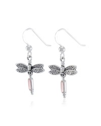 Dragonfly Silver and Pink Shell Gem Earrings