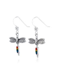 Dragonfly Silver and Rainbow Enamel Gem Earrings