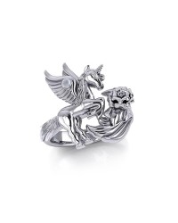 Enchanted Silver Mythical Unicorn Ring with Rainbow Moonstone Gemstone 