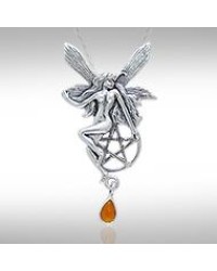 Fairy with Pentagram Silver Pendant & Amber Gem