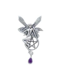 Fairy with Pentagram Silver Pendant & Amethyst Gem