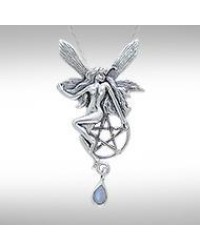 Fairy with Pentagram Silver Pendant & Rainbow Moonstone Gem