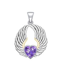 Amethyst Gemstone Heart & Angel Wings Pendant 