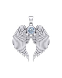 Guardian Angel Wings Silver Pendant with Aquamarine Birthstone for March