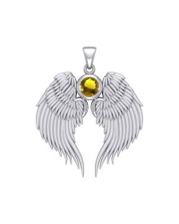 Guardian Angel Wings Silver Pendant with Citrine Birthstone for November