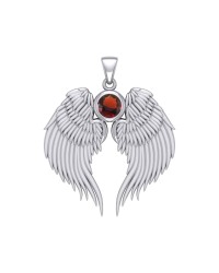 Guardian Angel Wings Silver Pendant with Garnet Birthstone for January