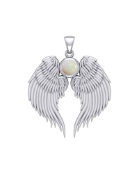 Guardian Angel Wings Silver Pendant with Opal Birthstone for October