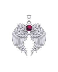 Guardian Angel Wings Silver Pendant with Ruby Birthstone for July