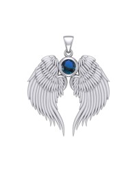 Guardian Angel Wings Silver Pendant with Sapphire Birthstone for September