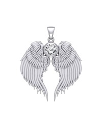 Guardian Angel Wings Silver Pendant with White Cubic Zirconia Birthstone for April