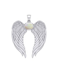 Guardian Angel Wings Pendant with Oval Opal Birthstone for October