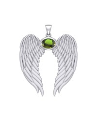 Guardian Angel Wings Pendant with Oval Peridot Birthstone for August