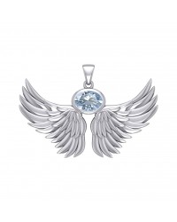 Guardian Angel Wings III Pendant with Aquamarine March Birthstone 