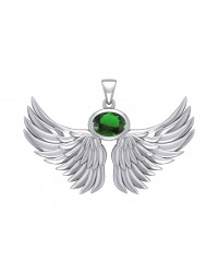 Guardian Angel Wings III Pendant with Emerald May Birthstone 