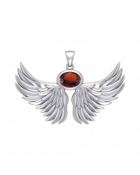 Guardian Angel Wings III Pendant with Garnet January Birthstone 