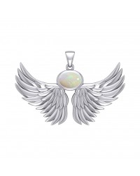 Guardian Angel Wings III Pendant with Opal October Birthstone 