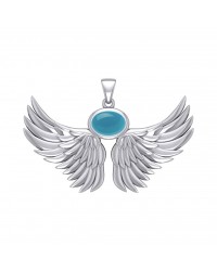 Guardian Angel Wings III Pendant with Turquoise December Birthstone 