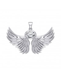 Guardian Angel Wings III Pendant with White Cubic Zirconia April Birthstone 