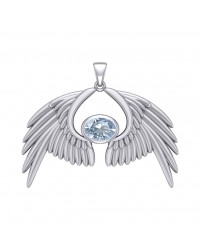 Guardian Angel Wings IV Pendant with Aquamarine March Birthstone 