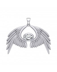 Guardian Angel Wings IV Pendant with White Cubic Zirconia April Birthstone 