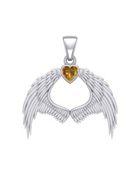 Guardian Angel Wings Pendant with Heart Citrine Birthstone for November