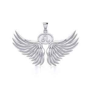 Guardian Angel Wings Pendant with Leo Zodiac Sign 