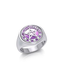 Pentacle with Moon Phases Amethyst Flip Ring