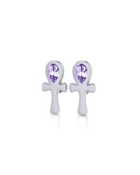 Ankh Post Earrings with Amethyst Gemstones