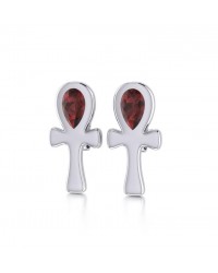 Ankh Post Earrings with Garnet Gemstones