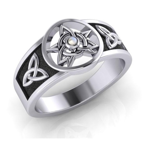 Celtic Trinity Pentacle Rainbow Moonstone Ring - Pagan Celtic Jewelry
