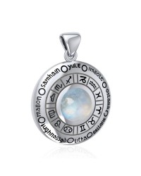 Wheel of the Year Silver Pendant with Rainbow Moonstone